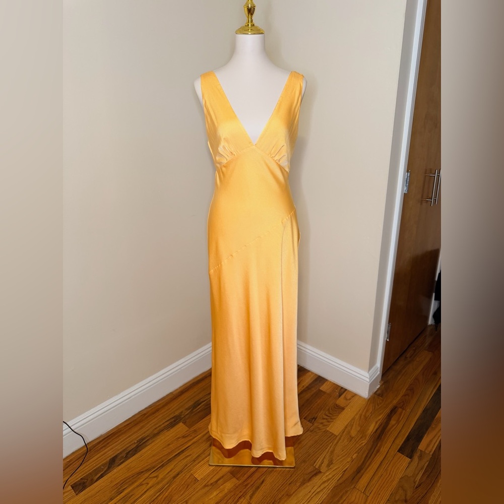 Meshki Yellow Satin Backless V-Neck Maxi Dress